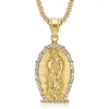 14K Gold The Virgin Mary Pendant Necklace Stainless Steel Madonna Hip Hop Catholic Guadalupe Religion Pendants With Crystal Rhinestones