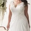 Elegante Plus Size Trouwjurken V-hals Cap Sleeves Robe de Mariage Sweep Trein Geappliceerd Open Back Chiffon Bridal Jurk 201114