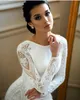 Elegant Arabic Dubai White Mermaid Evening Dresses Long Sleeves 2022 Lace Cut-out Trumpet Buttons Satin Reception Formal Party Gowns Women Prom Dress Robes de Soriee