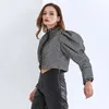 TWOTWINSTYLE Plaid Hit Color Coat For Women O Neck Puff Long Sleeve Streetwear Plus Size Short Coats Female Clothing 201029