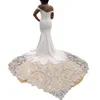 Afrykański koronki Długi pociąg Syrenki Suknie Ślubne ASO EBI Design Bridal Formalne Suknie Sexy Off The Ramię V-Neck Back Backons Plus Size Boho Beach Satin Bride Sukienka