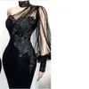 Винтажное кружевное вечернее платье новое индивидуальное одно плечо прозрачное длинные рукава черные русалка формальное платье с поездом 201114