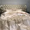 Lyx Champagne Blå Silk Egyptisk Bomull Guld Broderi European Palace Bedding Set Duvet Cover Bed Sheet / Linne Pillowcases 201210