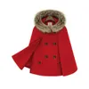 Lana femenina elegante poncho y capas abrigo mujeres con capucha capa cuello de piel doble botonadura invierno calle suelta abrigo corto rojo 201214