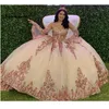 Rose Gold Sparkly Quinceanera Prom Vestidos 2022 Modern Sweetheart Lace Applique Lantejoulas Vestido De Bola Tulle Vintage Partido Noite Vintage