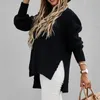 Women's Sweaters Autumn And Winter Style Long-Sleeved Womens Half-High Neck Solid Color Drawstring Side Slit Knit Sweater