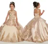 Nuevo Lovely Bling Ball Gown Vestidos para niñas de flores Joya Apliques de encaje dorado Perlas Corsé sin mangas Volver Cumpleaños Niño Niña Vestidos de desfile