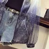 Vendita separata 3 pezzi Set Donna Gradient Mesh stelle paillettes Protezione solare Camicia + Gilet in maglia solida + Pantaloncini di jeans a vita alta Tute LJ201120