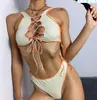 High Neck Hollow Swimsuit Women Knitting Beachsuits 2021 Swim Bandage High Cut Swimwear Mini Thong Bikinis Hot Sale