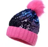 Skull Sequin Knit Hat with Faux Fur Pom-Pom Fashion Hairy Ball Earmuffs Headgear Fashion Tide Cap Winter Knitted Hat