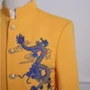 Men's Yellow Dragon Embroidery Pattern Chinese tunic suit Wedding Party Groomsman Two-Piece Suit Costumes S-2XL 201105