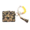 Silicone Bead PU Bracelet Card Holder Purse Leopard Print Tassel Wallet Leather Keychain WXY236
