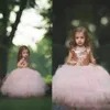 Rose or paillettes fleur filles robes 2020 mancherons gonflés petites filles Blush Tulle robe de bal formelle mariage Communion robe