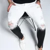 New jeans skinny uomo men gradient black white ripped hole denim pantalones male ankle zipper pencil trousers slim hip hop jean C1123