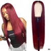 Ludzkie włosy peruki syntetyczne 13x4 Remy for Black Women Burgundowe koronkowe przedni peruka kolorowy czerwon