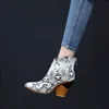 New Cowgirl Fashion Snake Printed Zip Block Heels Ladies Shoes Boats Mujer Chunky Western Ankle Boots Cool Cowboy Boot for Women 201103