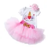 ins baby flicka 1: a födelsedag romper klänning kostymer 3 st/set 0-24m nyfödd spädbarn tecknad design tryckt tutu kjolar bomull romper fluffig kjol 7 stil