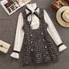 Herfst Winter 2 Stuk Set Overalls Dres Elegante Ruches Chiffon Bow Shirt Top + Double Breasted Plaid T Vest Jurk 220311