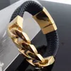 9.05 "* 24mm 100g New Fashion Smooth Smycken Rostfritt stål Guldkedja kedja Mens Boys Armband Bangle med äkta läder F1201