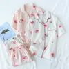 2021 Japansk stil Enkel Kort Kvinnor Kvinna 100% Bomull Gaze Short Sleeve Byxor Damamas Pyjamas Suit Cute Pyjamas Sätter hem X0526