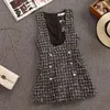 Spring Autumn 2 Piece Set Overalls Dress Women Elegant Ruffles Chiffon Bow Shirt Top+Double Breasted Plaid Tweed Vest 220120