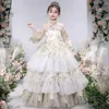 Sheer Pescoço Flower Girl Vestidos Organza Meninas Garotas Pageant Vestidos Lace Applique Princesa Crianças Vestidos De Casamento Flor Frisado Menina Vestidos