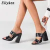 Eilyken Moda Siyah Sarı Timsah Baskılar Kare Yüksek Topuklu Kadın Yaz Açık Katırlar Terlik Kadın Peep Toe Parti Ayakkabı Y200624