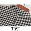 TRAF Kadınlar Vintage Şık Ofis Kemer Blazer Coat Moda V Boyun Uzun Kollu Ekose Giyim Şık 201102 ile Giyinmek