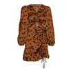 OOTN Robe léopard à volants avec cordon de serrage pour femmes, col en V, manches bouffantes, mini robe sexy, mode vintage, imprimé animal, robes pour dames LJ200812