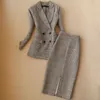 冬の高品質の女性スーツスカートセット2ピース韓国語バージョンプロの格子縞のレディースジャケットSlim 220302