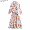 Zevity Women Vintage Totem Floral Print Bow Sashes Midi Shirt Dress Female Chic Three Quarter Sleeve Casual Slim Vestidos DS8361 220215