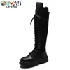 Winter Women Knee High Long Split Leather Fashion LaceUp Snow Nonslip Black Sock Boots Shoes Woman New Y200915
