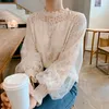 Dingaozlz Neue mode Frauen spitze bluse Korea mode Nähte Mesh Tops Elegante Laterne hülse Weiß Chiffon hemd Blusa LJ200831