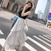 Femmes Polka Dot Ruffles Plage Midi Jupes Noir Blanc Taille Haute Boho Couche Flare Jupe Pour Les Femmes D'été 2020 Buttoms Dames T200712