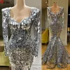 НОВЫЙ! 2022 Новые блестящие серебряные серебряные вечерние платья русалки с длинными рукавами Арабское вечернее платье Дубай длинные элегантные женщины формальные гала-халаты