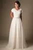 Champagne Short Sleeves Modest Wedding Dresses 2019 Cap Sleeves V Neck Buttons Lace Tulle Bridal Gowns A-line Inexpensive Wedding Gowns Sale