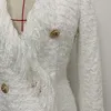 HIGH QUALITY Newest Designer Runway Women's Long Sleeve Metal Lion Buttons Fringed Tweed Tassel Dress 201204