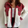 Women's Fur & Faux Female Spring Autumn Fashion Coat Shirt Women Lamb Warm Long Sleeve Stitching Plaid Pocket Jacket Streetwear