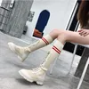 Hot Sale-Fashion Elastic Winter Knä High Boots Kvinna Stretch Socks Designer Lace-up Tjock Häls Långa Booties Svart Vit