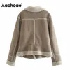Aachoae Women Fashion Faux LeatherとLamb Fur Jacket Coat Zipper長袖厚い温かいコート冬のアウターウェア201030