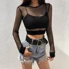 Sexy noir femmes T-shirt évider maille femme maigre haut court mode été basique hauts pour femmes résille chemise