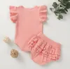 Girl Baby Designs Clothing Sets Infant Girls Short Sleeve Tops Shorts Solid Thread Jumpsuits Ruffle Children Outfits Clothing Set 2314652