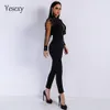 Yesexy 2020 Autumn Sexy Long Sleeve vrouwen overalls Lace Zie door Mesh Hollow Out Solid Color Rompers Women Jumpsuit VR9079 T200701