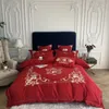 Król Queen Size Cover Comforter Płaski zestaw łóżka Zestaw szary biały elegancki haft 4pcs luksusowy sztuczny jedwabny bawełniany pościel 201208F
