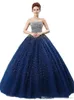 2021 Eleganta Blå Pärlor Quinceanera Klänningar Beaded Kristaller Sequin Golvlängd Söt 16 år Prom Pagant Gown Q57