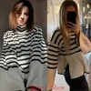 Black And White Stripe Sweater Streetwear Loose Tops Women Pullover Female Jumper Long Sleeve Turtleneck Knitted Ribbed Sweaters 211224