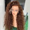 180% Brown Color Lace Frontal Pärlor Curly Hair T Part Lace Front Human Hair Wigs Preplucked Brasilianska Paryk Curly Remy Human Hair