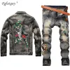 New Men Vintage Sets Embroidered Red Crowned Crane Hole Distressed Jackets + Embroidered Tiger Jeans Mens Clothing 2 Piece Set LJ201124