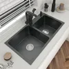304 Edelstahl-Doppelschalen-Küchenspüle mit Wasserhahn TopMount oder Untermount Beasin Dark-Grey für Home Fixture Zubehör