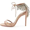 Été Bling Diamants Sandales Strass Couverture Arrière Mariage Femmes Gladiateur Daim Strappy Chaussures À Talons Hauts Femme Shiner Cristal À Lacets Pompe De Mariée